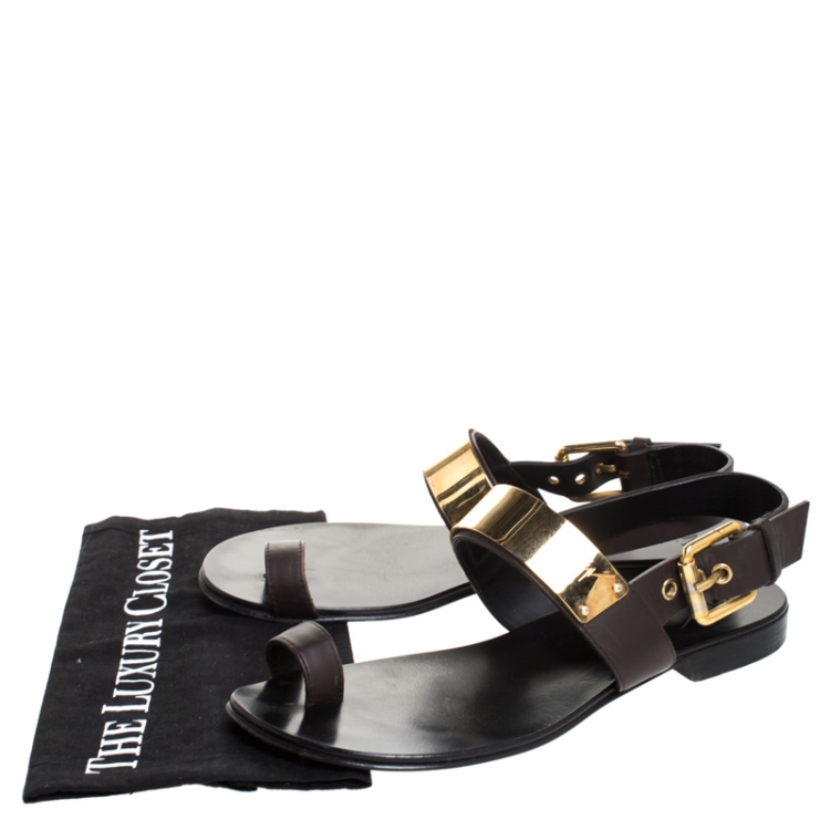Pre Owned Giuseppe Zanotti Brown/Black Leather Toe Ring Buckle Slingback Flats Size 41