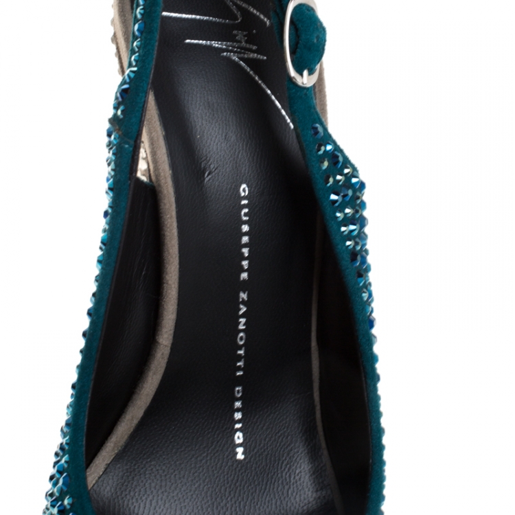 Pre Owned Giuseppe Zanotti Tri Color Suede Crystal Embellished Peep Toe Platform Slingback Sandals Size 37