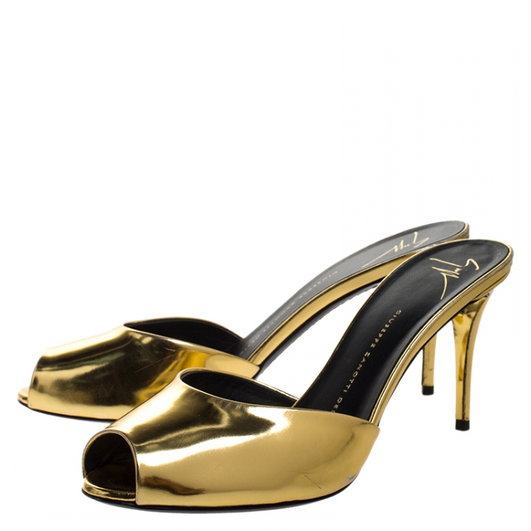 Pre Owned Giuseppe Zanotti Gold Leather Peep Toe Sandals Size 39