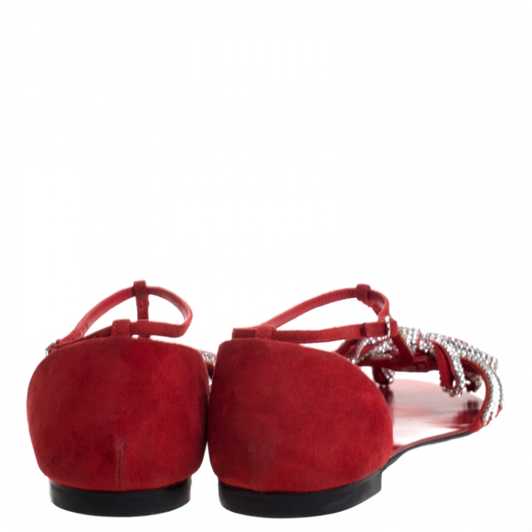 Pre Owned Giuseppe Zanotti Crystal Embellished Suede T Strap Flat Sandals Size 39.5