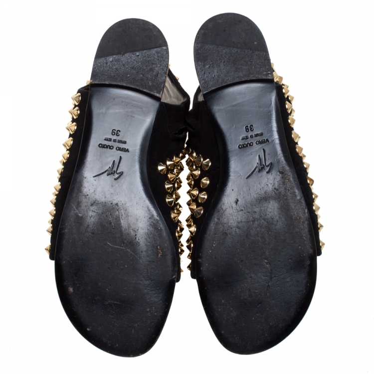 Pre Owned Giuseppe Zanotti Black Suede Leather Studded Ankle Flat Sandals Size 39