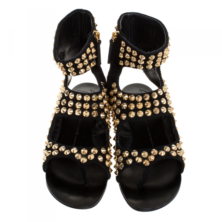 Pre Owned Giuseppe Zanotti Black Suede Leather Studded Ankle Flat Sandals Size 39