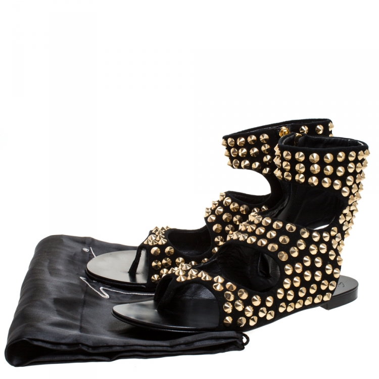 Pre Owned Giuseppe Zanotti Black Suede Leather Studded Ankle Flat Sandals Size 39