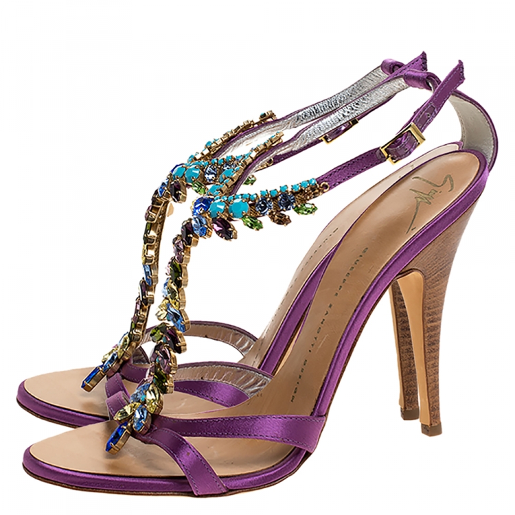 Pre Owned Giuseppe Zanotti Purple Satin Crystal Embellished Ankle Strap Sandals Size 38.5