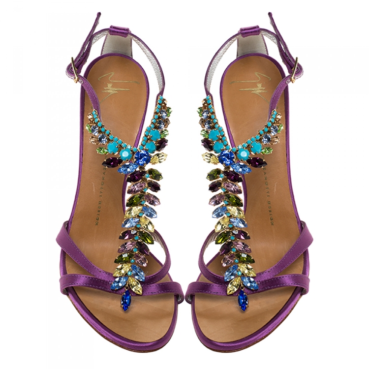 Pre Owned Giuseppe Zanotti Purple Satin Crystal Embellished Ankle Strap Sandals Size 38.5