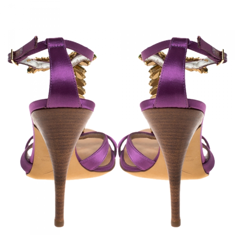 Pre Owned Giuseppe Zanotti Purple Satin Crystal Embellished Ankle Strap Sandals Size 38.5
