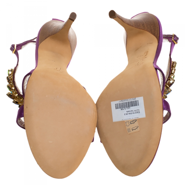 Pre Owned Giuseppe Zanotti Purple Satin Crystal Embellished Ankle Strap Sandals Size 38.5