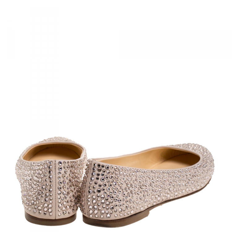 Pre Owned Giuseppe Zanotti Beige Leather Crystal Embellished Ballet Flats Size 36.5