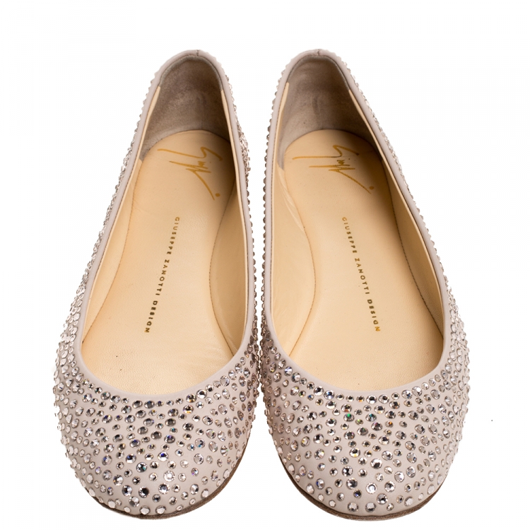 Pre Owned Giuseppe Zanotti Beige Leather Crystal Embellished Ballet Flats Size 36.5