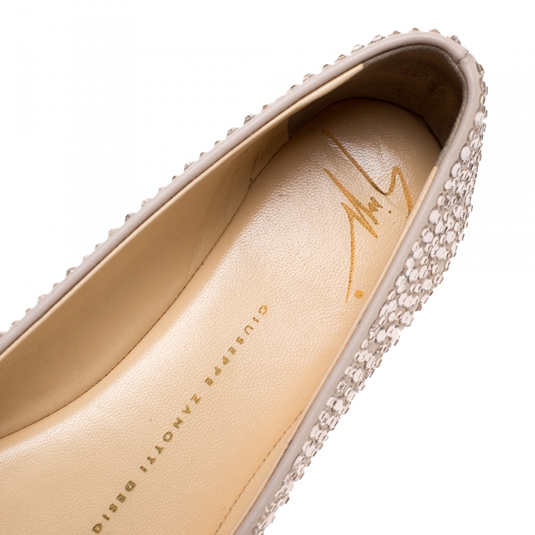 Pre Owned Giuseppe Zanotti Beige Leather Crystal Embellished Ballet Flats Size 36.5
