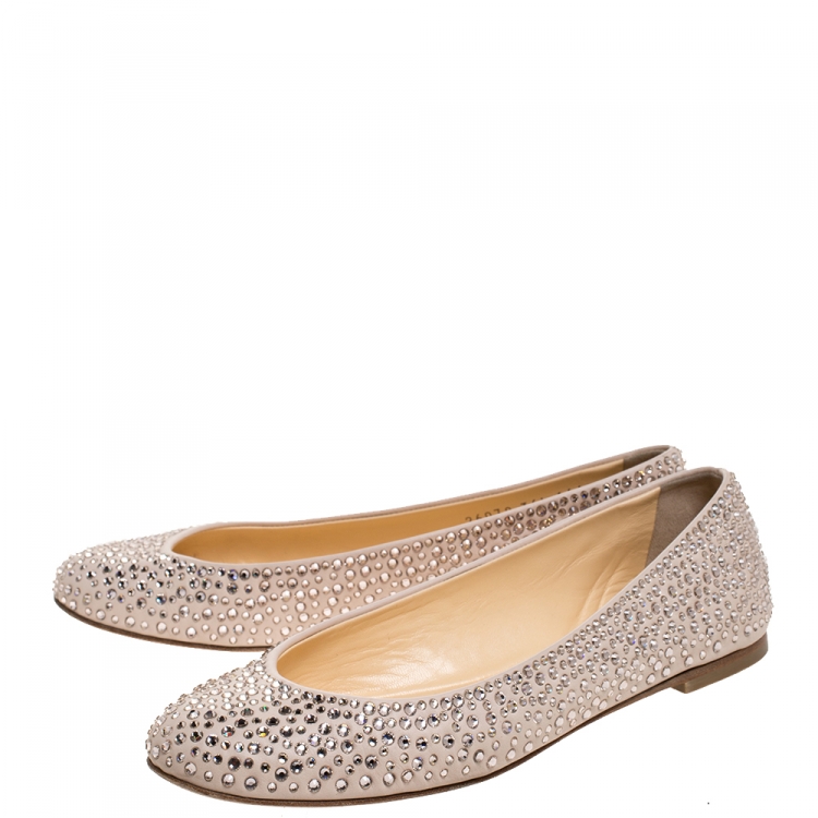 Pre Owned Giuseppe Zanotti Beige Leather Crystal Embellished Ballet Flats Size 36.5
