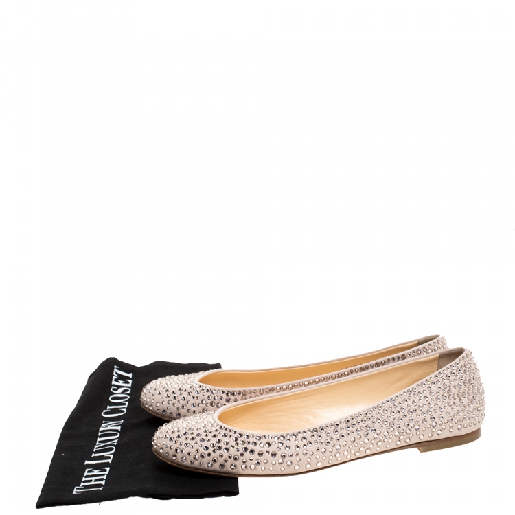 Pre Owned Giuseppe Zanotti Beige Leather Crystal Embellished Ballet Flats Size 36.5