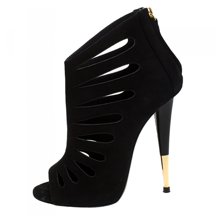 Pre Owned Giuseppe Zanotti Black Suede Peep Toe Cutout Booties Size 37