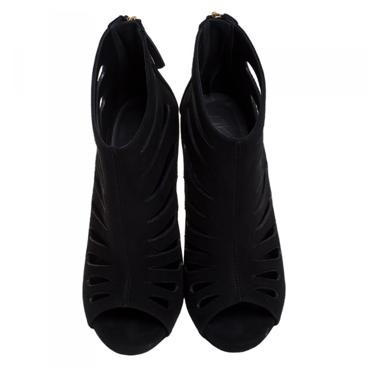 Pre Owned Giuseppe Zanotti Black Suede Peep Toe Cutout Booties Size 37