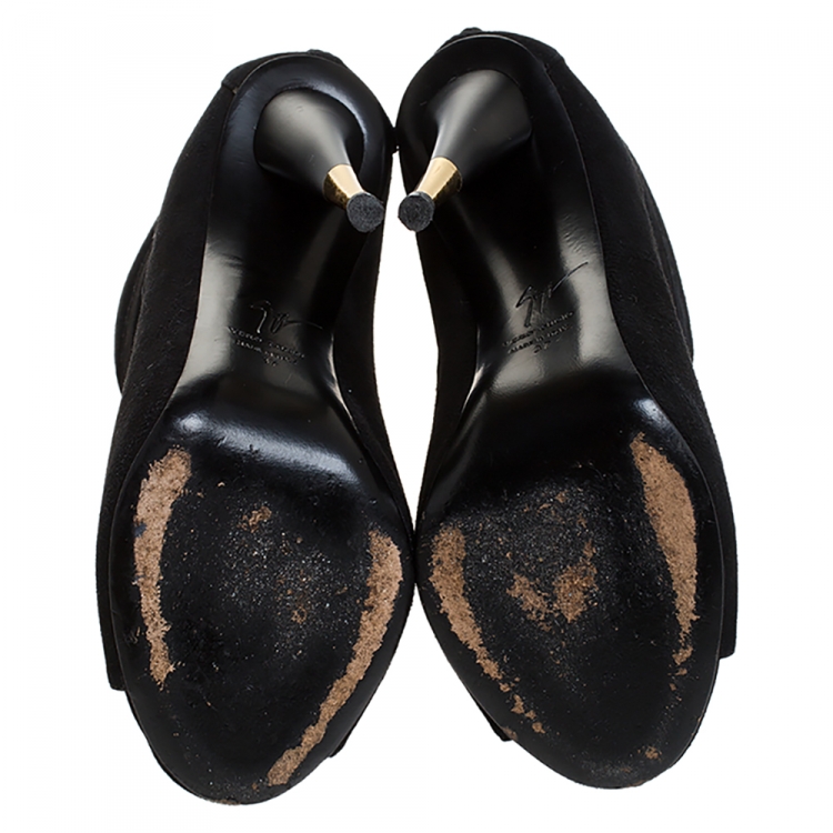 Pre Owned Giuseppe Zanotti Black Suede Peep Toe Cutout Booties Size 37