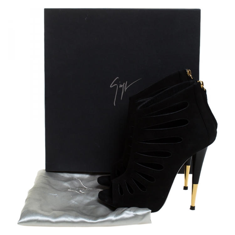 Pre Owned Giuseppe Zanotti Black Suede Peep Toe Cutout Booties Size 37