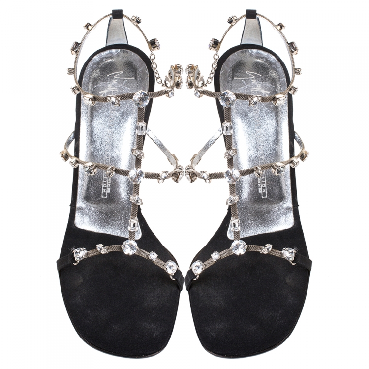 Pre Owned Giuseppe Zanotti Black Satin Crystal Embellished T Strap Sandals Size 37