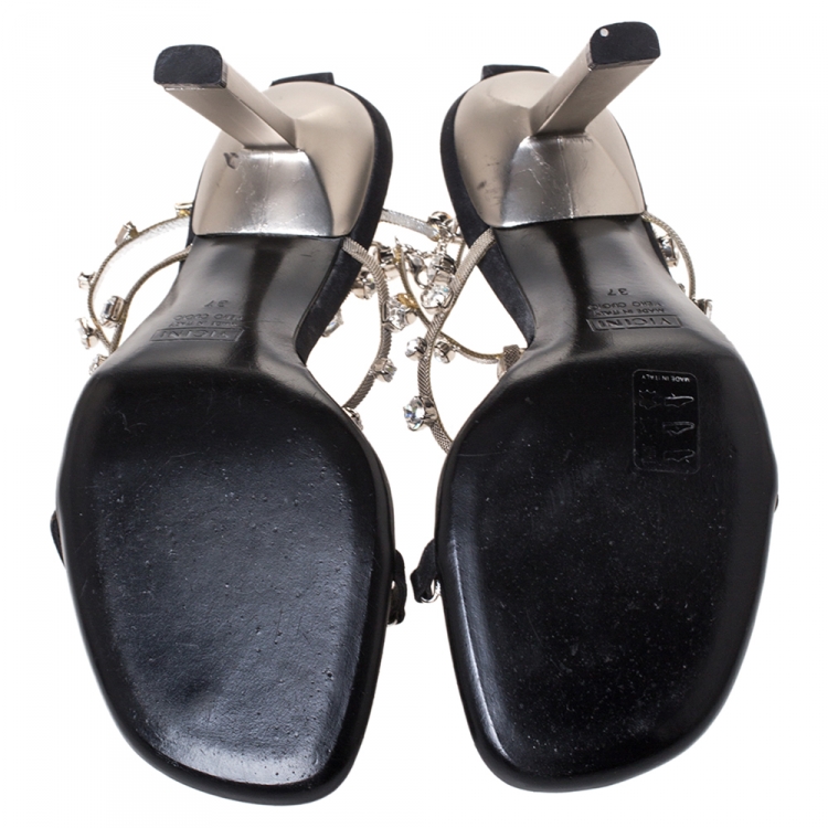 Pre Owned Giuseppe Zanotti Black Satin Crystal Embellished T Strap Sandals Size 37