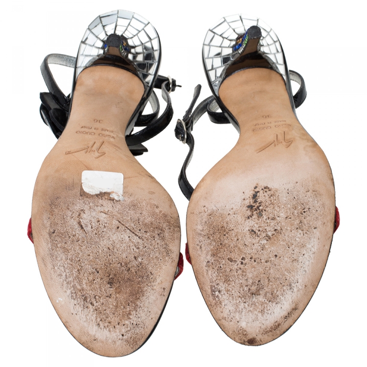 Pre Owned Giuseppe Zanotti Red/Black Satin and Patent Flower Embellished And Mirror Heel Sandals Size 36