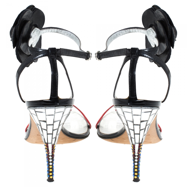Pre Owned Giuseppe Zanotti Red/Black Satin and Patent Flower Embellished And Mirror Heel Sandals Size 36