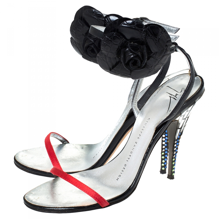 Pre Owned Giuseppe Zanotti Red/Black Satin and Patent Flower Embellished And Mirror Heel Sandals Size 36