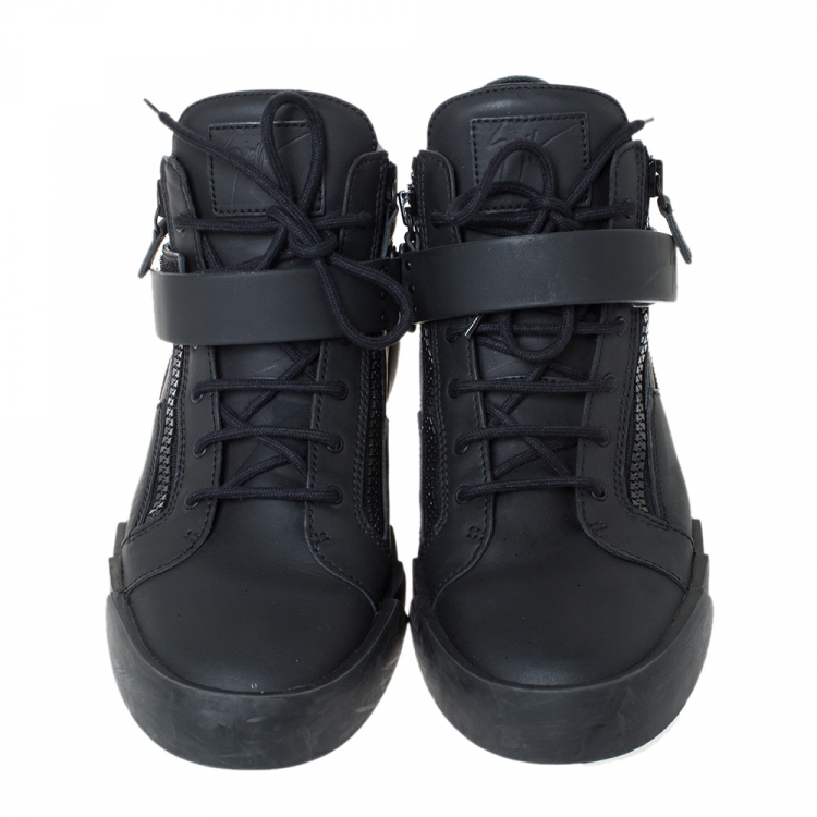 Pre Owned Giuseppe Zanotti Black Matte Leather High Top Lace Up Sneakers 44