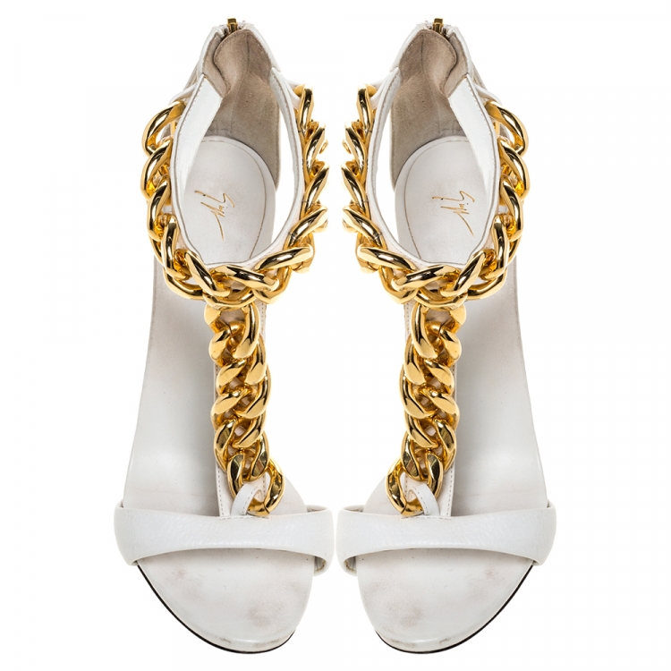Pre Owned Giuseppe Zanotti White Textured Leather And Suede Chain Embellished T-Strap Sandals Size 37