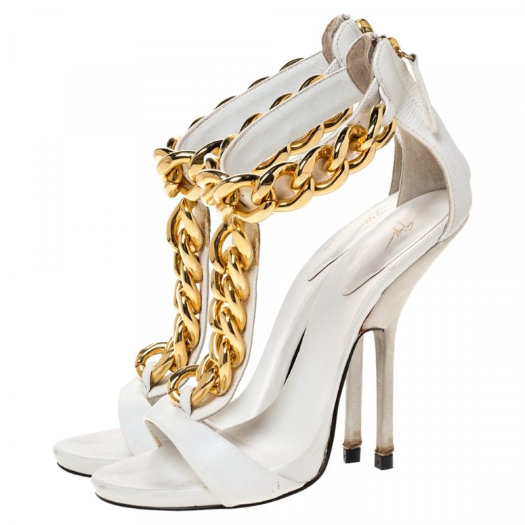 Pre Owned Giuseppe Zanotti White Textured Leather And Suede Chain Embellished T-Strap Sandals Size 37