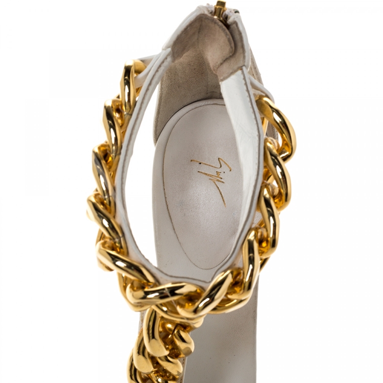 Pre Owned Giuseppe Zanotti White Textured Leather And Suede Chain Embellished T-Strap Sandals Size 37