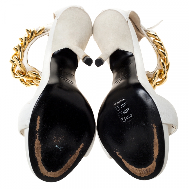 Pre Owned Giuseppe Zanotti White Textured Leather And Suede Chain Embellished T-Strap Sandals Size 37