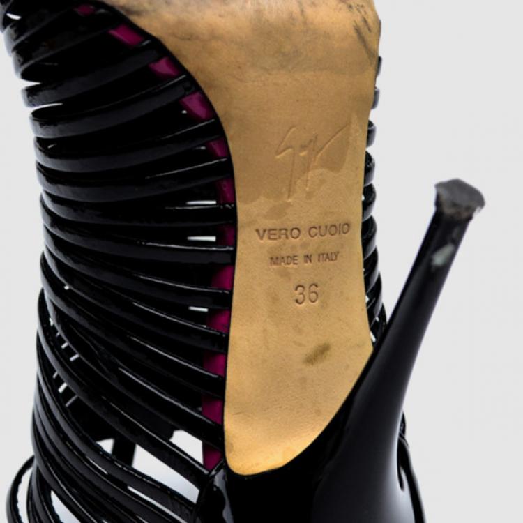 Pre Owned Giuseppe Zanotti Black Patent Leather Strappy Open Toe Back Zip Sandals Size 36