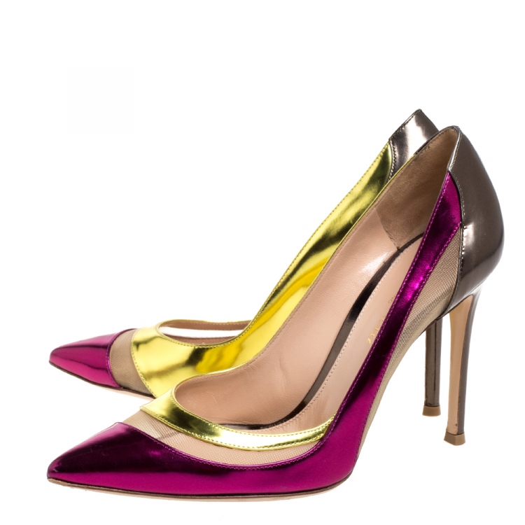 Pre Owned Giuseppe Zanotti Multicolor Patent Leather and Mesh Pointed Toe Pumps Size 37