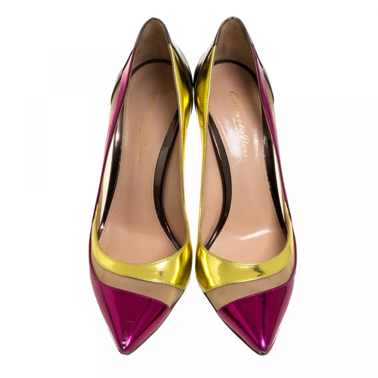 Pre Owned Giuseppe Zanotti Multicolor Patent Leather and Mesh Pointed Toe Pumps Size 37