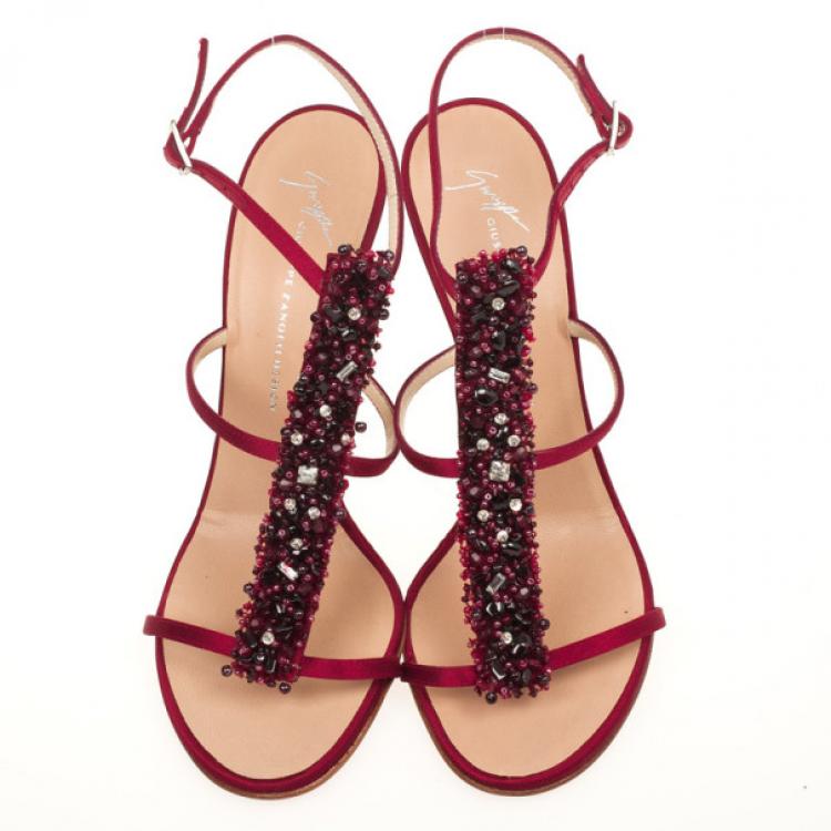 Pre Owned Giuseppe Zanotti Red Satin Embllished Sandals Size 40