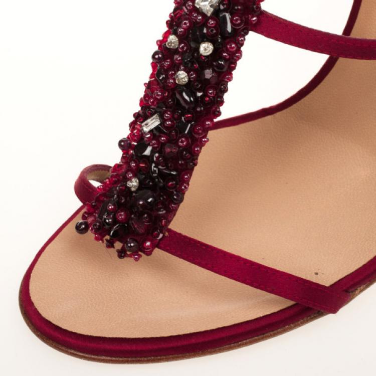 Pre Owned Giuseppe Zanotti Red Satin Embllished Sandals Size 40