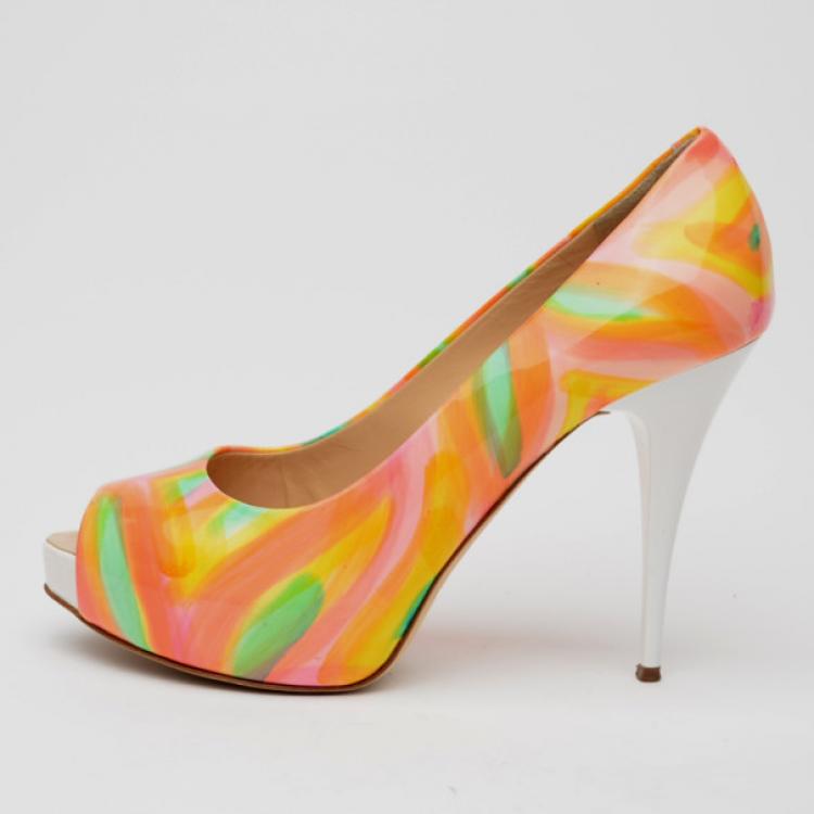 Pre Owned Giuseppe Zanotti Patent Painted Peep Toe Pumps Size 38.5