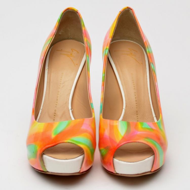 Pre Owned Giuseppe Zanotti Patent Painted Peep Toe Pumps Size 38.5