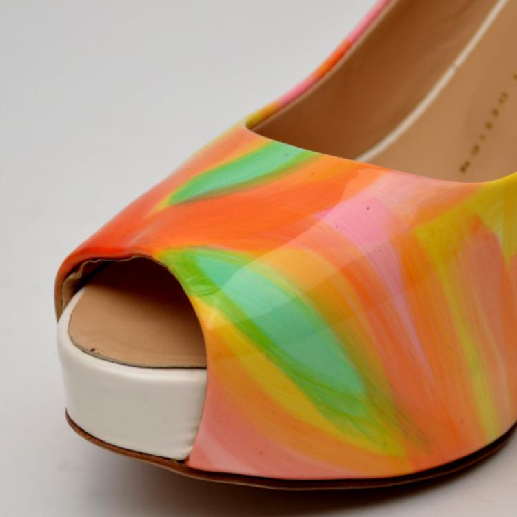 Pre Owned Giuseppe Zanotti Patent Painted Peep Toe Pumps Size 38.5