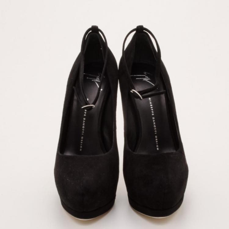 Pre Owned Giuseppe Zanotti Black Ankle Wrap Suede Platform Pumps Size 39