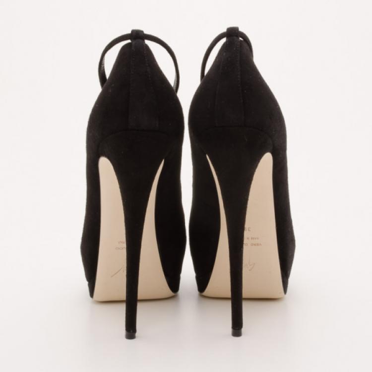 Pre Owned Giuseppe Zanotti Black Ankle Wrap Suede Platform Pumps Size 39