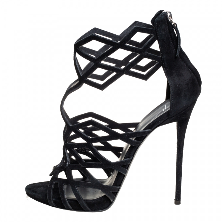 Pre Owned Giuseppe Zanotti Black Suede Cutout Accet Sandals Size 41