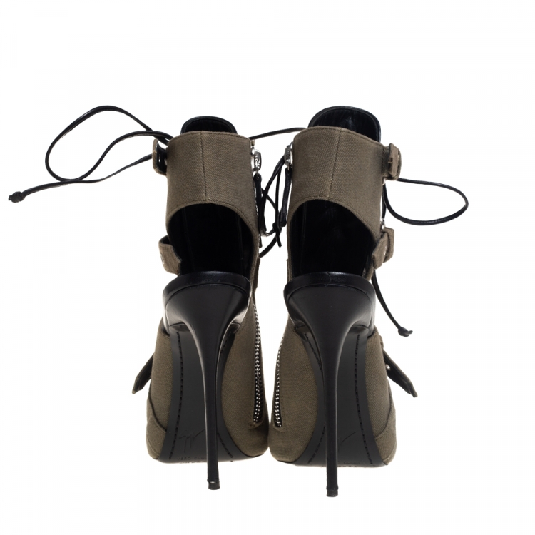 Pre Owned Giuseppe Zanotti Grey Canvas Peep Toe Cut Out Ankle Booties Size 39