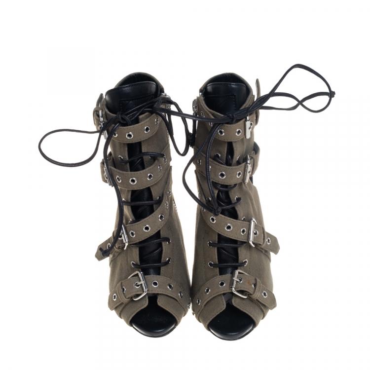 Pre Owned Giuseppe Zanotti Grey Canvas Peep Toe Cut Out Ankle Booties Size 39