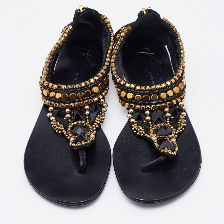 Pre Owned Giuseppe Zanotti Black Suede Crystal Embellished Thong Flats Size 38.5