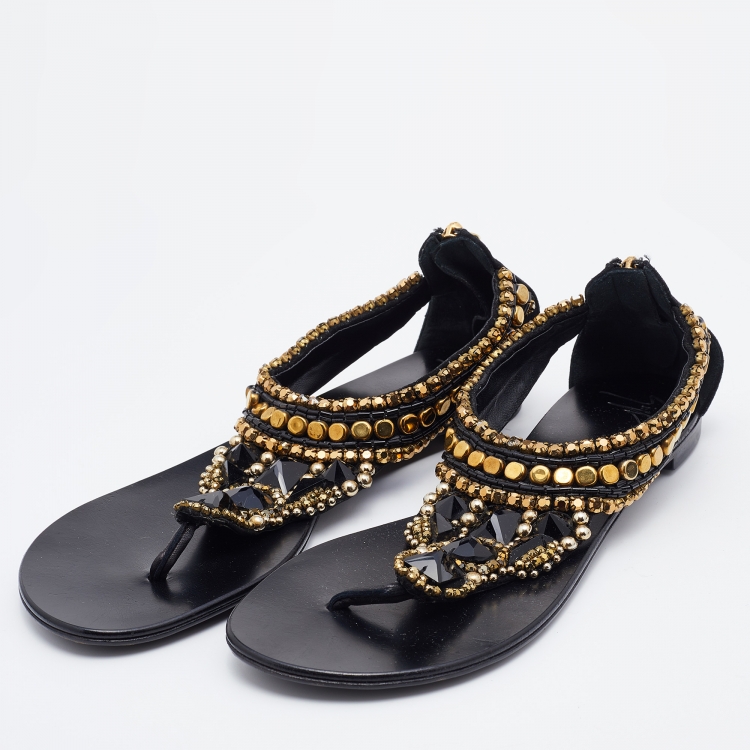 Pre Owned Giuseppe Zanotti Black Suede Crystal Embellished Thong Flats Size 38.5