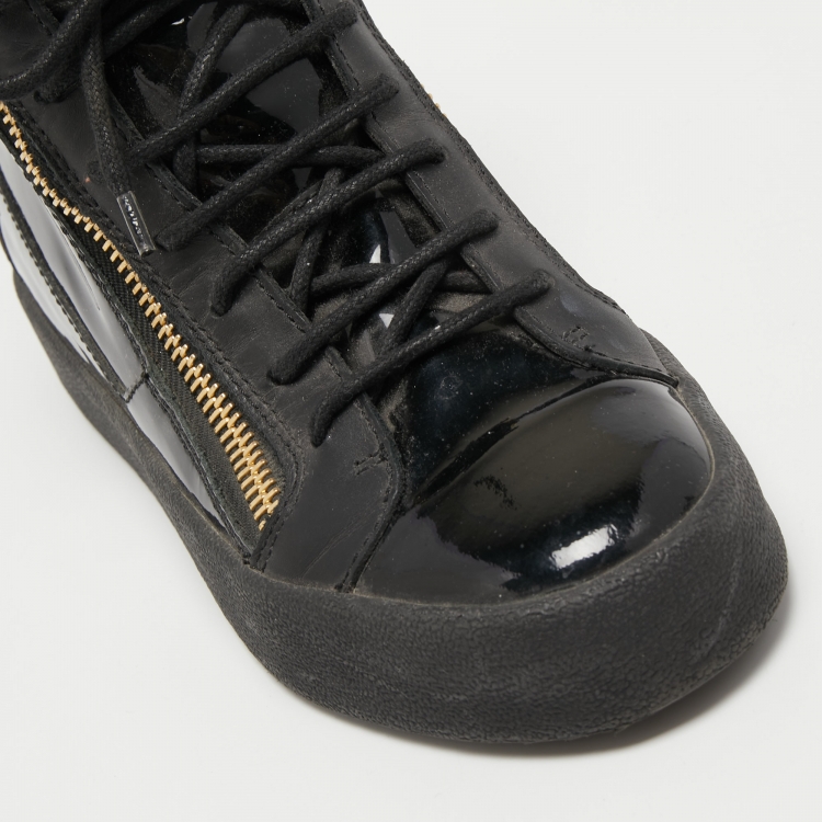 Pre Owned Giuseppe Zanotti Black Patent and Leather Kriss High Top Sneakers Size 38.5