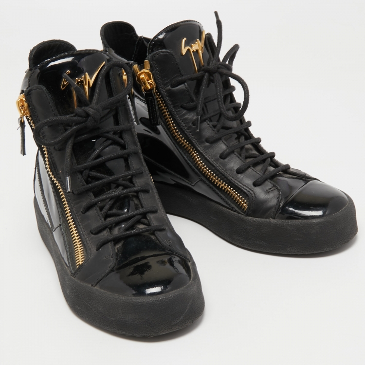 Pre Owned Giuseppe Zanotti Black Patent and Leather Kriss High Top Sneakers Size 38.5
