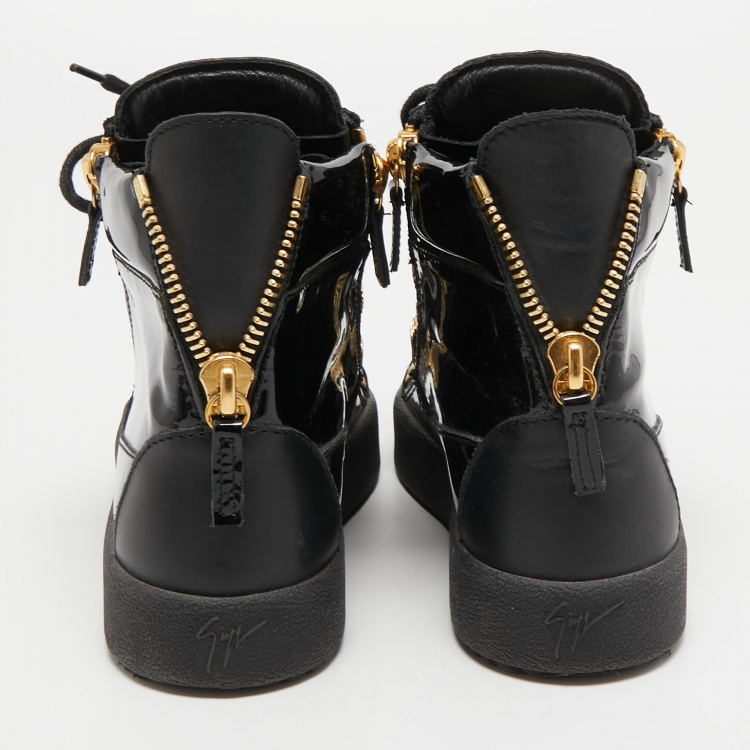 Pre Owned Giuseppe Zanotti Black Patent and Leather Kriss High Top Sneakers Size 38.5