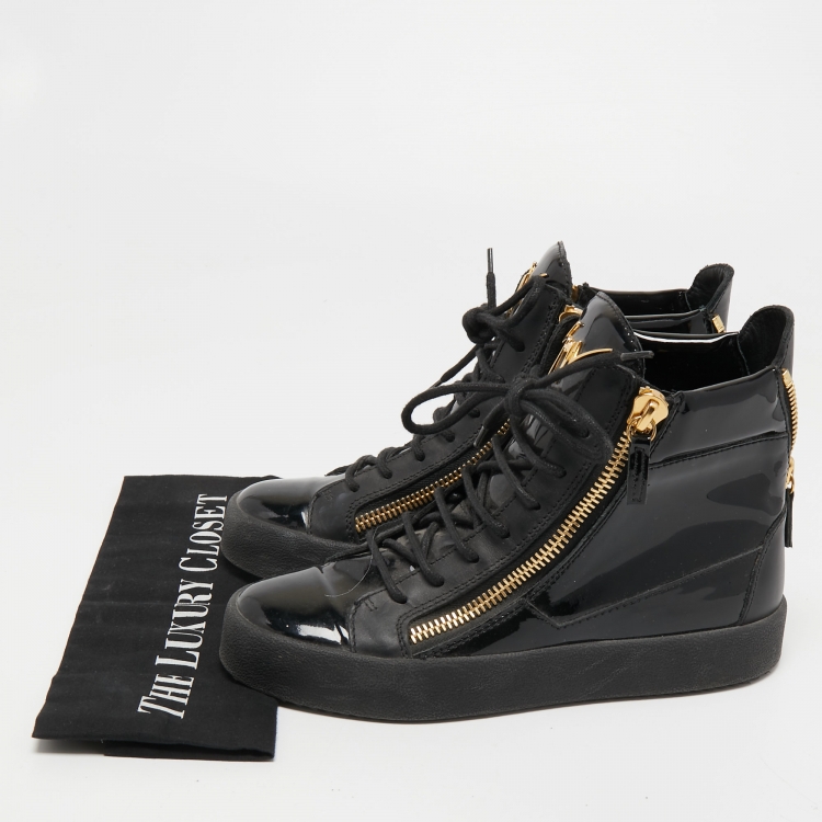 Pre Owned Giuseppe Zanotti Black Patent and Leather Kriss High Top Sneakers Size 38.5