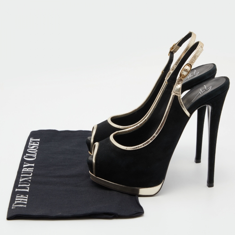 Pre Owned Giuseppe Zanotti Black /Gold Suede Slingback Platform Pumps Size 37